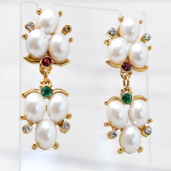 1.75" Drop Dangle Pearl Red/Green Earrings - Picture 10 of 12